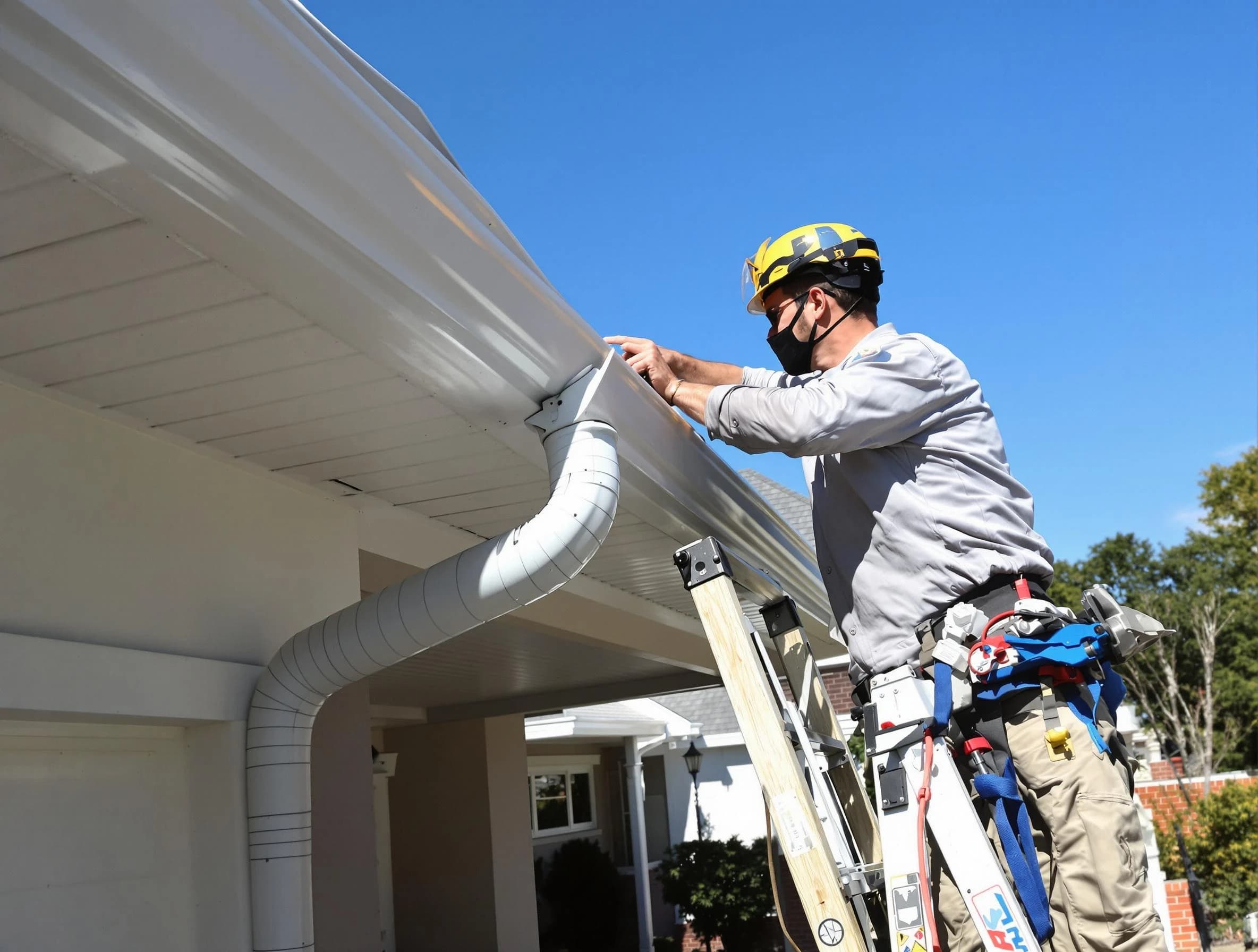 Close-up on a freshly sealed gutter joint by Mentor Roofing Company in Mentor, OH