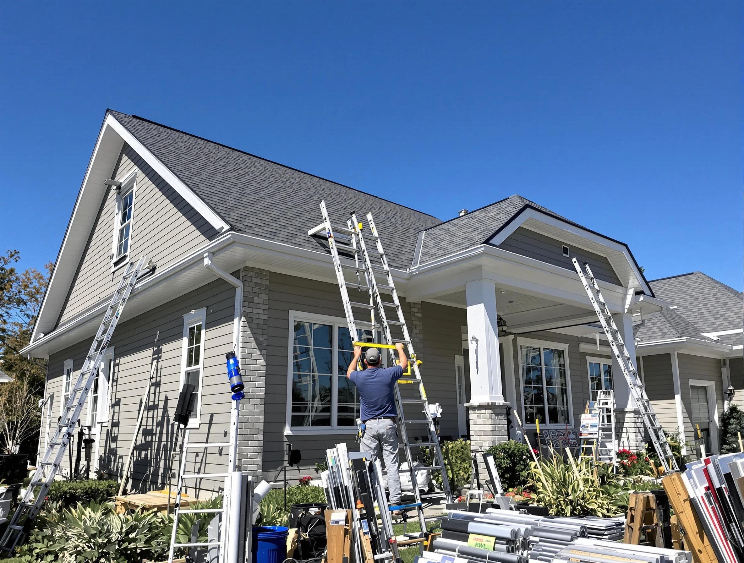 Mentor Roofing Company fitting rain gutters at a home in Mentor, OH