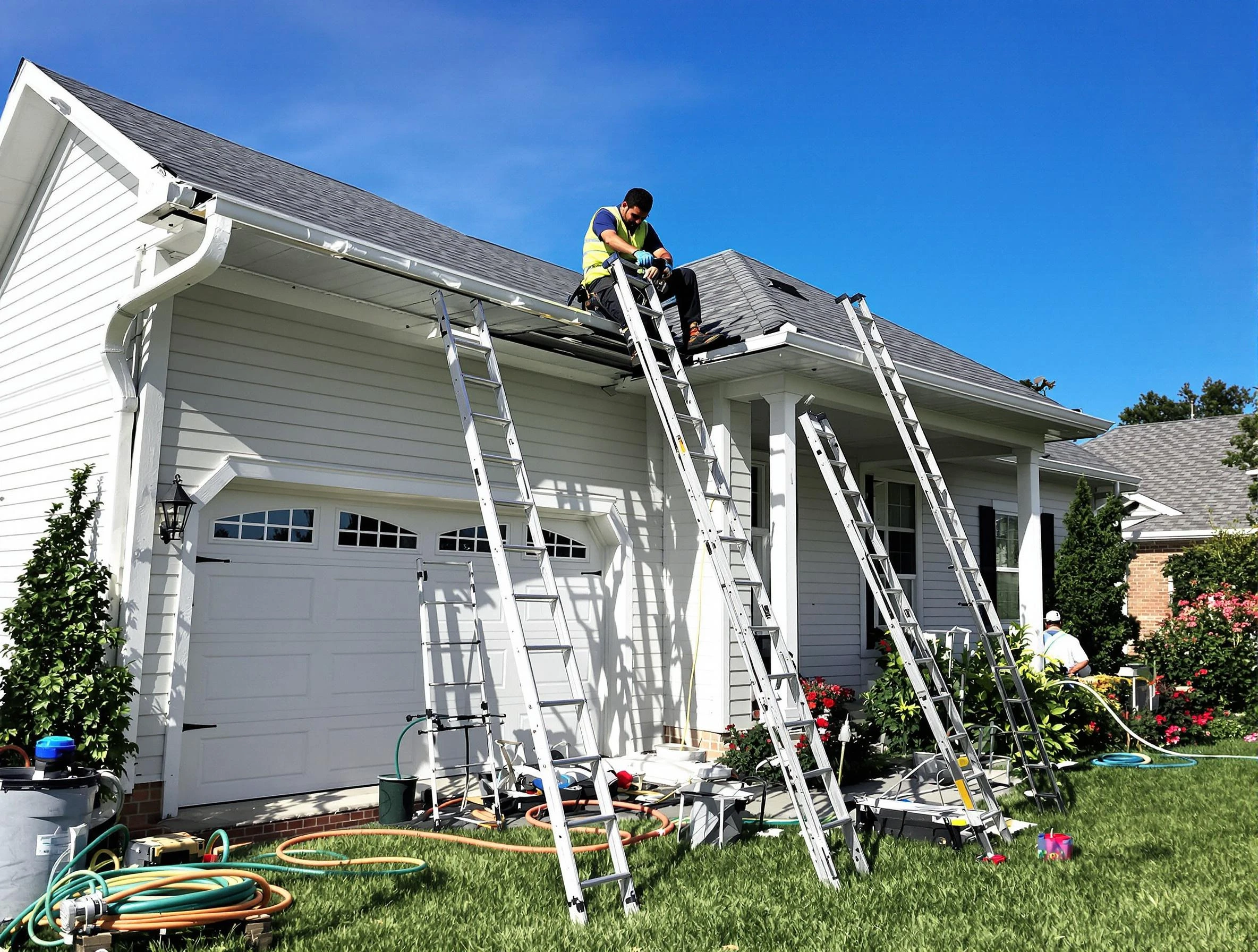 Removal of old gutters by Mentor Roofing Company to install new system in Mentor, OH